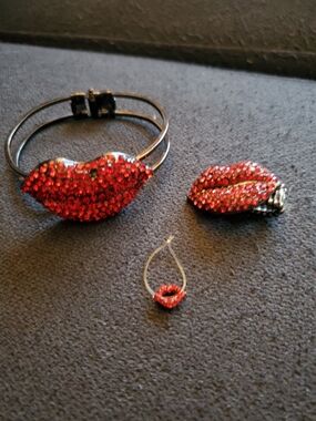 Vintage Red Crystal Lip Bracelet, Ring And Toe Ring Set